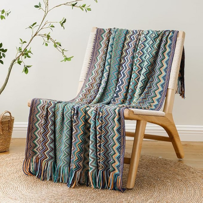 Multicolor Zickzack Quasten Strickdecke