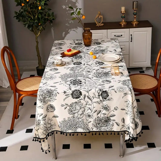 Schwarze florale Quasten-Landhaus-Tischdecke