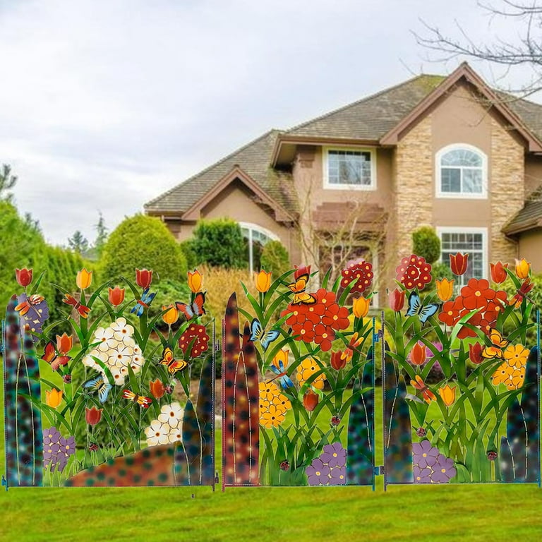 Bunte Gartenzaun Dekoration mit Blumen und Schmetterlingen – Metallzaun für Garten und Terrasse