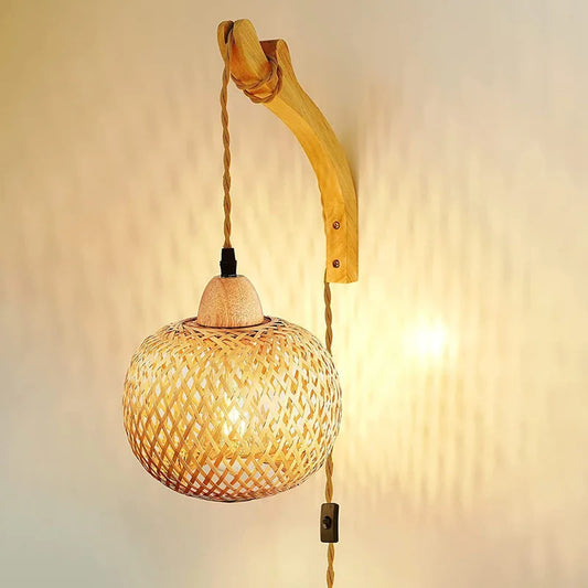 Handgewebte Bambus-Wandlampe – Natürliches Rattan – Wandlampe – LED-Beleuchtung – Boho-Stil