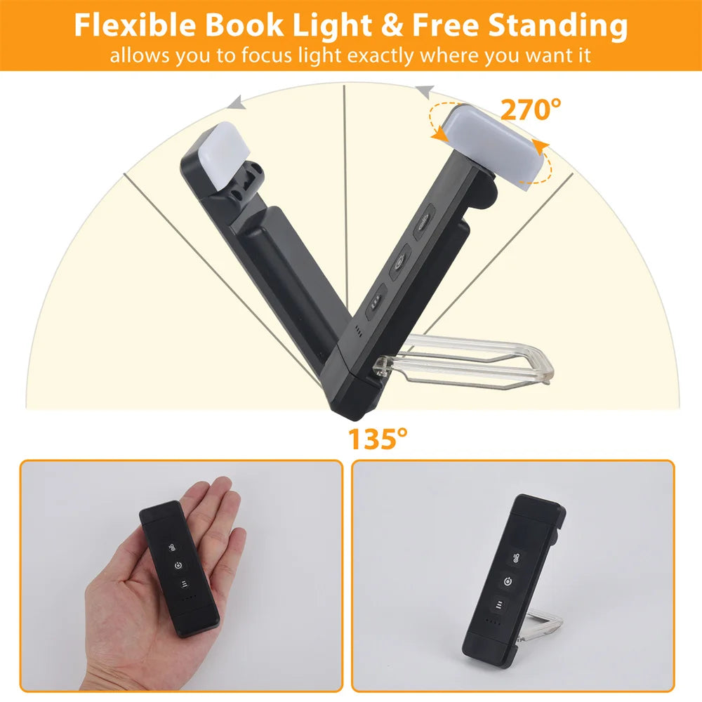 USB wiederaufladbare Clip-on Buchlampe – Einstellbare LED-Leselampe mit 3 Farbmodi, 5 Helligkeitsstufen & Timer für Bett, Reisen & E-Reader
