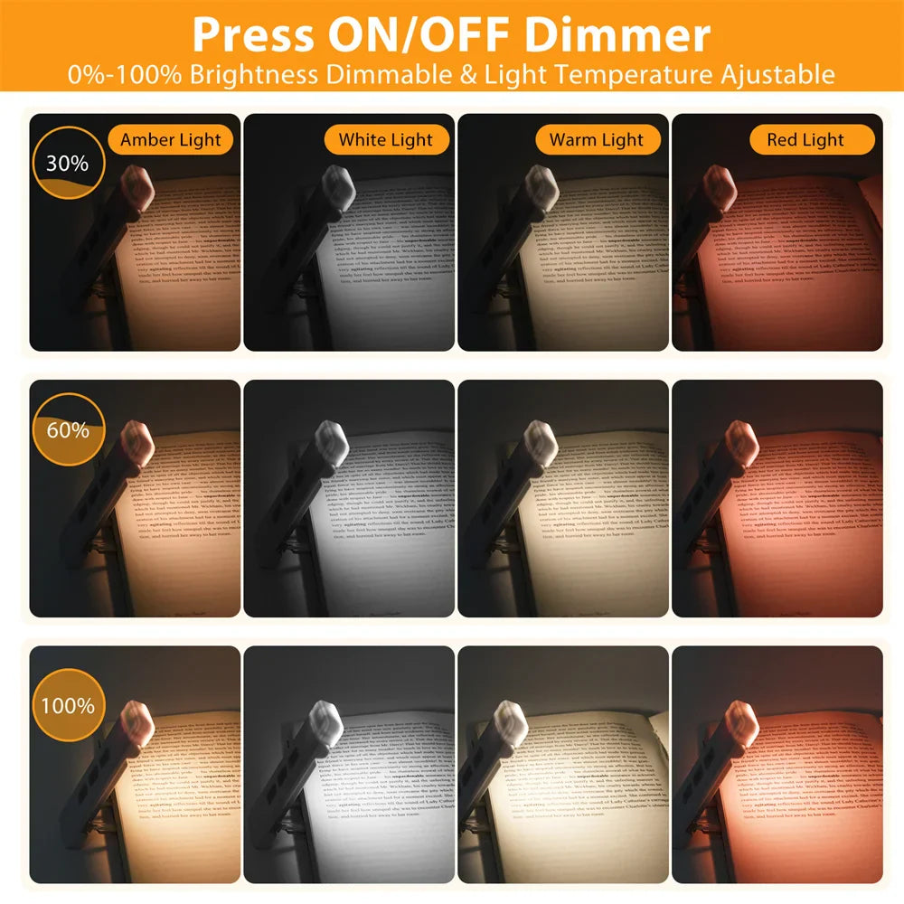 USB wiederaufladbare Clip-on Buchlampe – Einstellbare LED-Leselampe mit 3 Farbmodi, 5 Helligkeitsstufen & Timer für Bett, Reisen & E-Reader