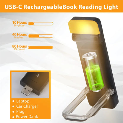 USB wiederaufladbare Clip-on Buchlampe – Einstellbare LED-Leselampe mit 3 Farbmodi, 5 Helligkeitsstufen & Timer für Bett, Reisen & E-Reader