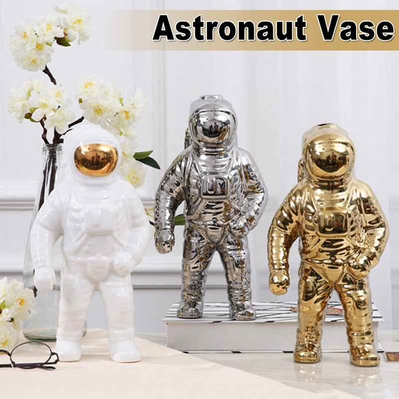 Garduru Gold Space Man Keramik Vase | Astronaut Skulptur | Kreative Deko für Zuhause & Garten