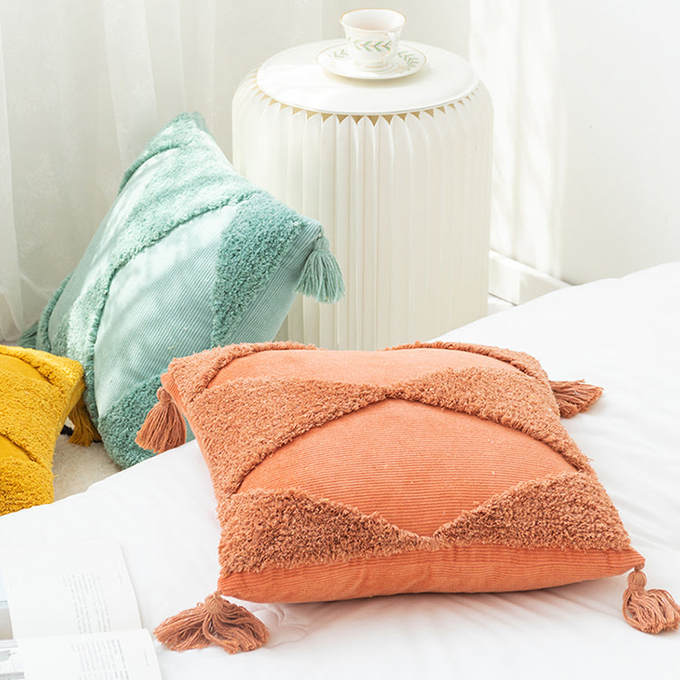 Handgemachter Kissenbezug aus Baumwoll-Cord – Geometrisches Design – Mit Quasten und Reißverschluss