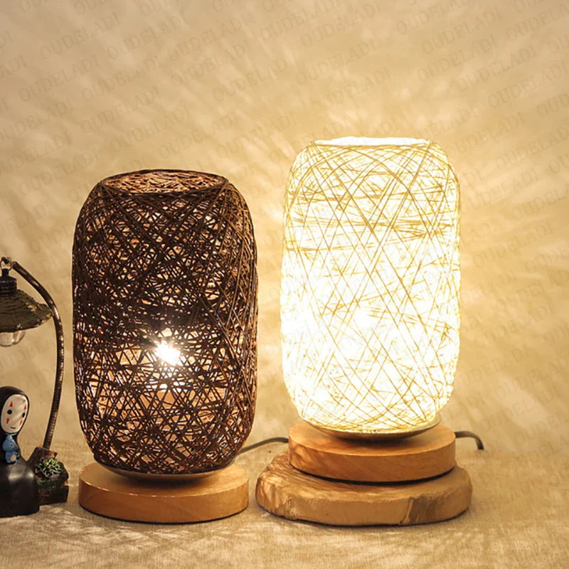 Rattan-Tischlampe – Holzsockel – Nachttischbeleuchtung – Wohnzimmer, Schlafzimmer, Schreibtischlampe