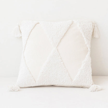 Handgemachter Kissenbezug aus Baumwoll-Cord – Geometrisches Design – Mit Quasten und Reißverschluss