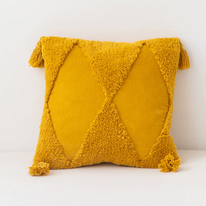 Handgemachter Kissenbezug aus Baumwoll-Cord – Geometrisches Design – Mit Quasten und Reißverschluss