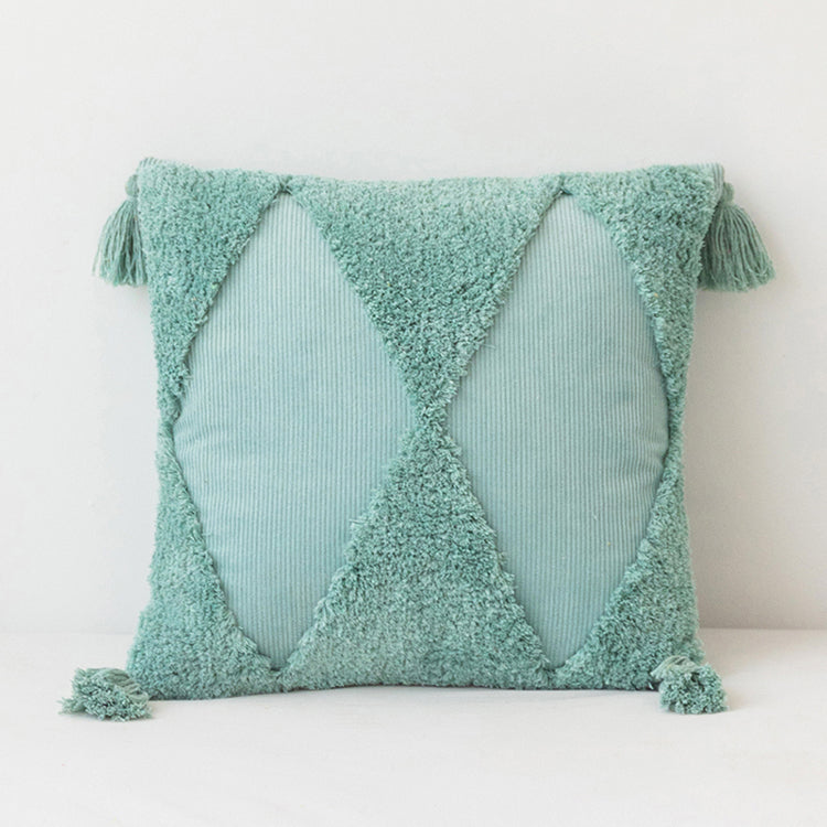 Handgemachter Kissenbezug aus Baumwoll-Cord – Geometrisches Design – Mit Quasten und Reißverschluss