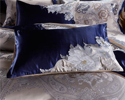 Garduru Blau Silber Seiden-Baumwolle Jacquard Luxus Chinesisches Bettwäsche Set