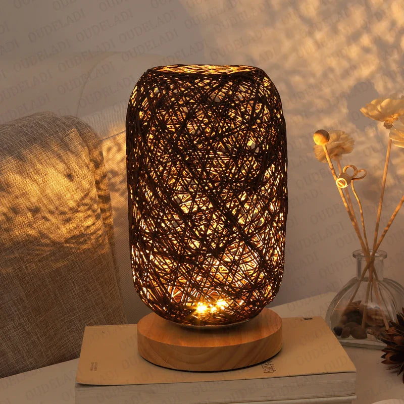 Rattan-Tischlampe – Holzsockel – Nachttischbeleuchtung – Wohnzimmer, Schlafzimmer, Schreibtischlampe