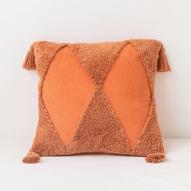 Handgemachter Kissenbezug aus Baumwoll-Cord – Geometrisches Design – Mit Quasten und Reißverschluss