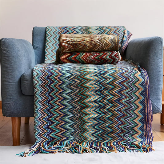AcrylZag Plaid - Leichte handgestrickte Boho-Fleecedecke mit Quastendesign
