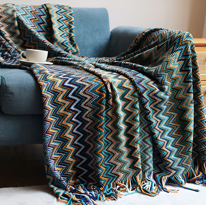 AcrylZag Plaid - Leichte handgestrickte Boho-Fleecedecke mit Quastendesign