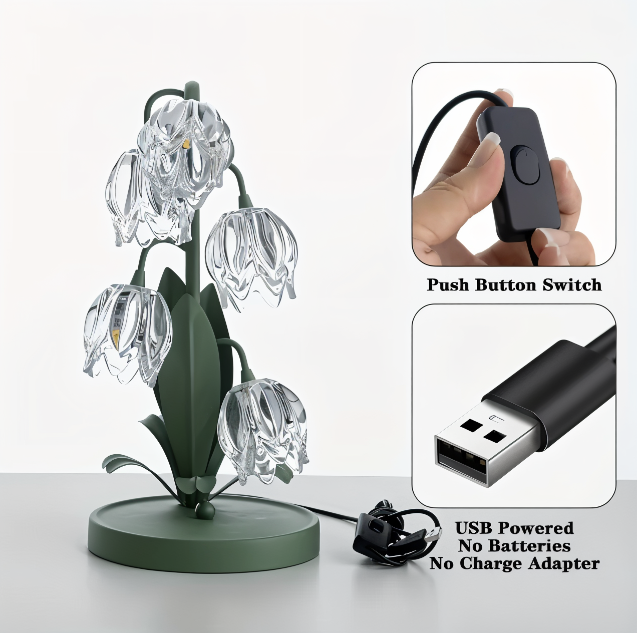 Tulpe Lampe - Gefrostete Glasblume Tischlampe - Energiesparende USB LED Dekorationslicht