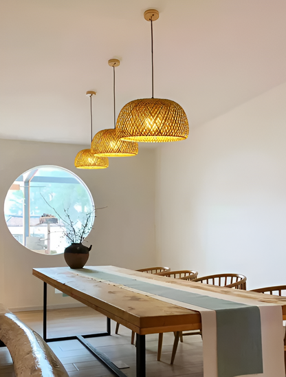 Ästhetische Kuppel Rattan Pendelleuchte - Handgeflochtener Bambus Wicker Hängelampe