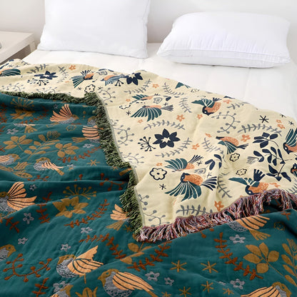 Baumwoll Wendeblanket - Boho Vogel- und Blumenmuster für Wohnkultur