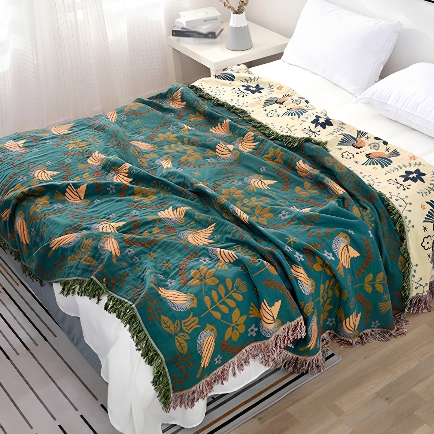 Baumwoll Wendeblanket - Boho Vogel- und Blumenmuster für Wohnkultur