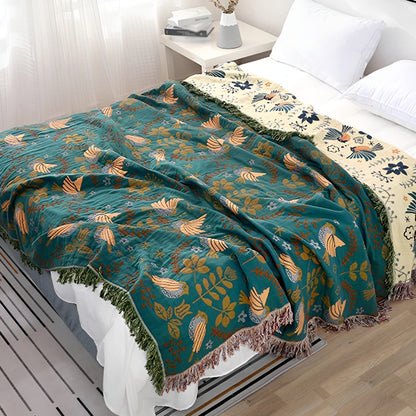 Baumwoll Wendeblanket - Boho Vogel- und Blumenmuster für Wohnkultur