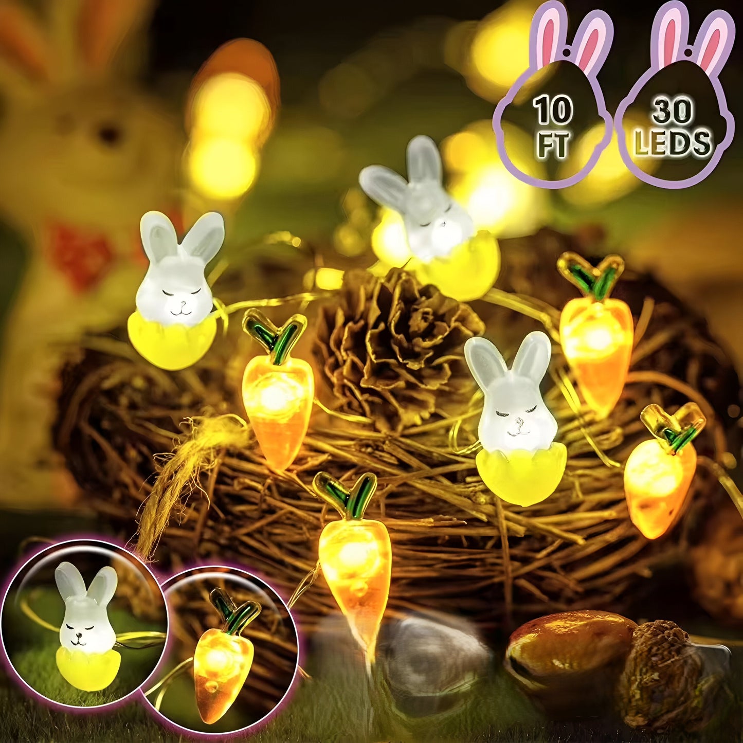 Blinky Osterlicht - Bunte 200CM 20LED Hase/Karotte/Küken/Ei Lichterkette Osterdeko