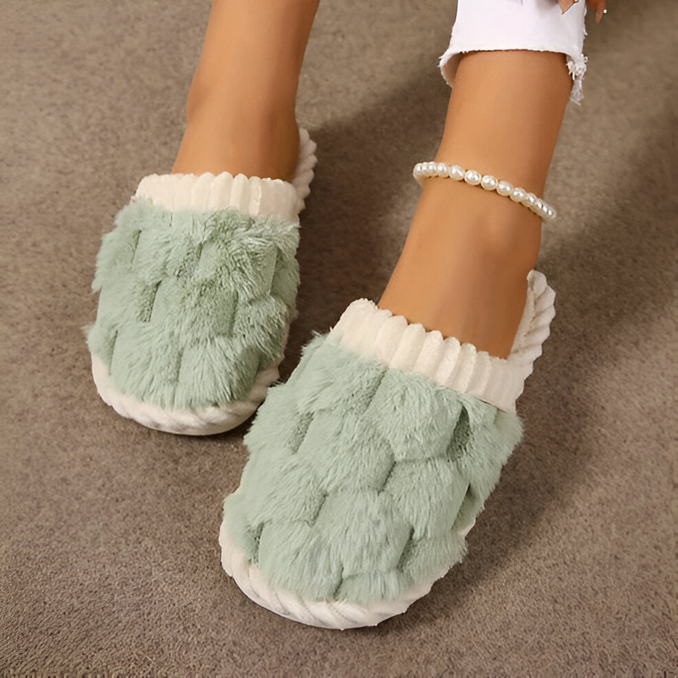 BlockLush Slip Ons - Modische Hausschuhe Damen Kunstfell Geschlossene Zehe