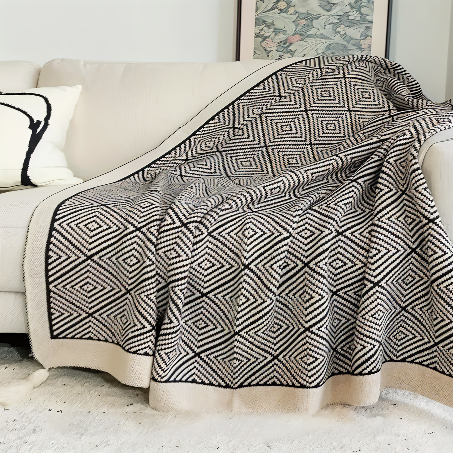 DecoDiamond Plaid - Schwarz Weiß Geometrische Polyester Fleece Decke