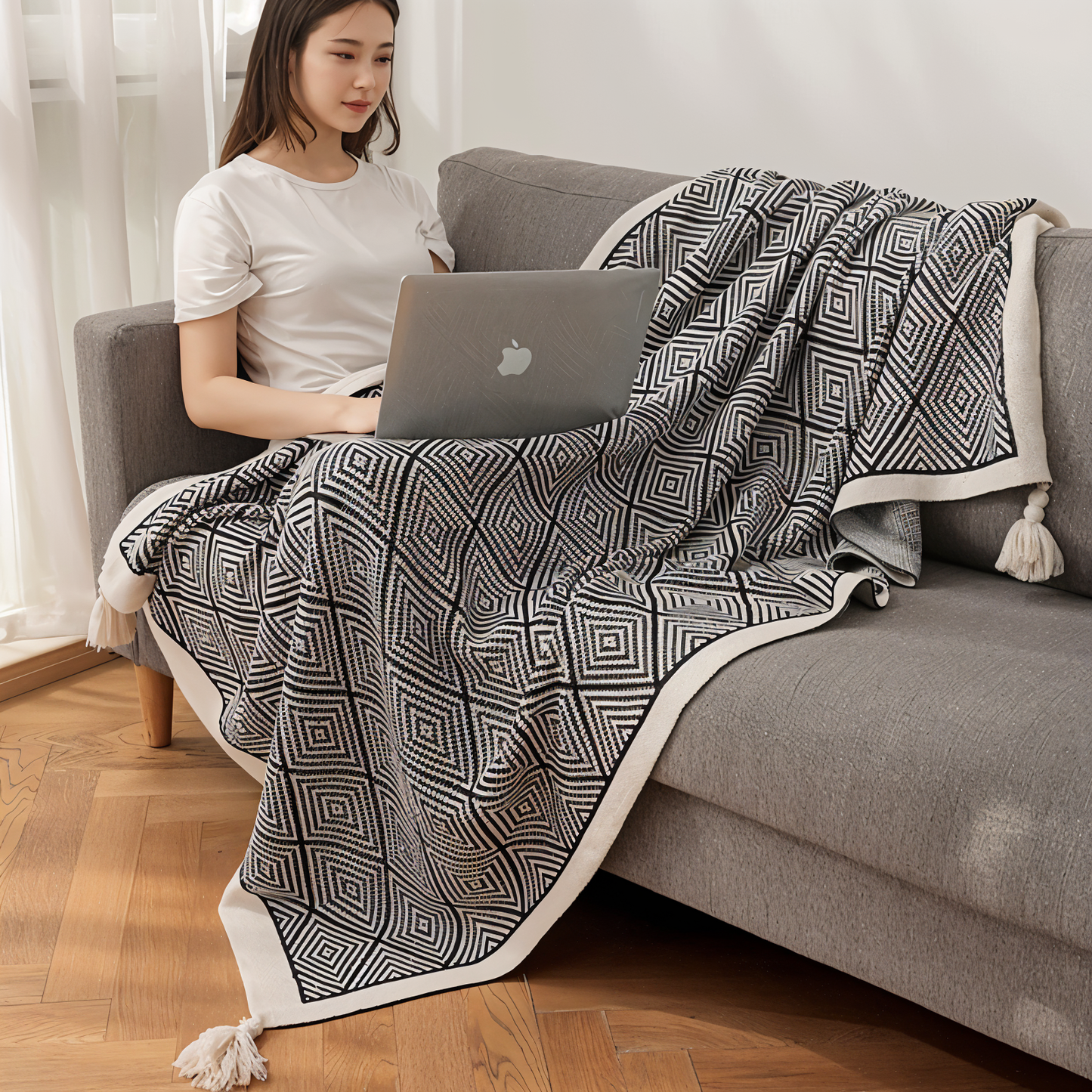 DecoDiamond Plaid - Schwarz Weiß Geometrische Polyester Fleece Decke