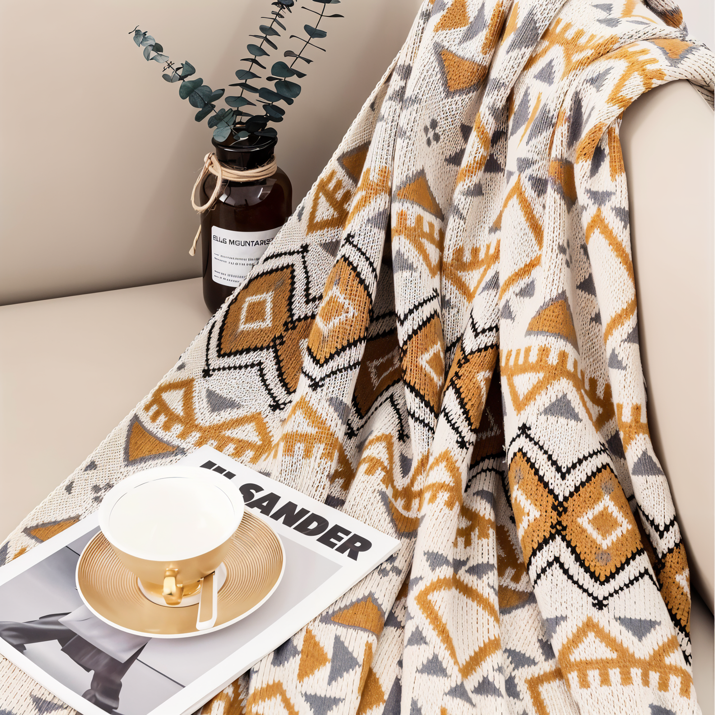 GeoFringe Plaid - Geometrische Boho Fleece Decke - Dekorative Gestrickte Wohndecke