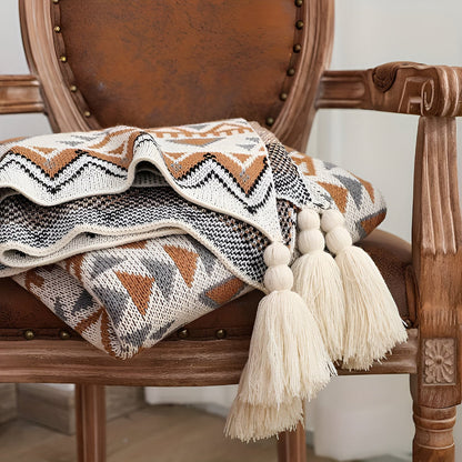 GeoFringe Plaid - Geometrische Boho Fleece Decke - Dekorative Gestrickte Wohndecke