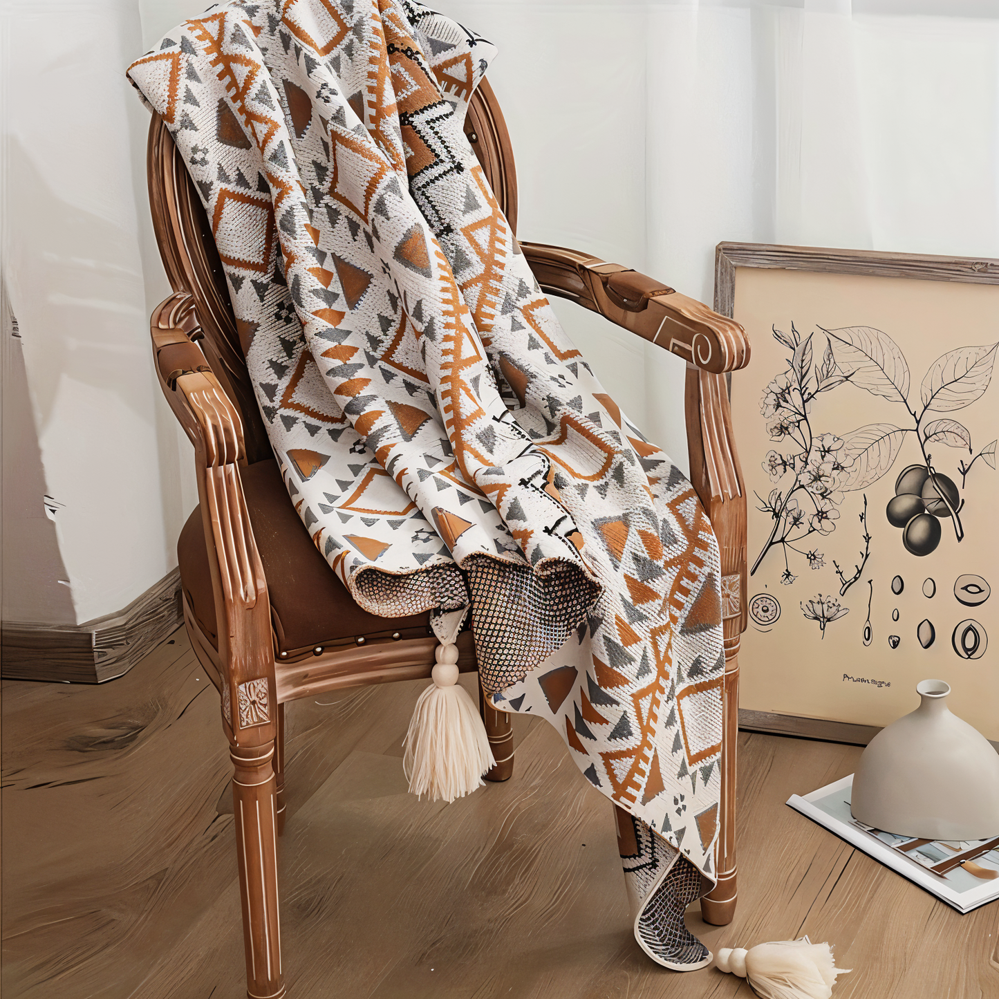 GeoFringe Plaid - Geometrische Boho Fleece Decke - Dekorative Gestrickte Wohndecke
