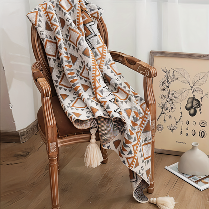 GeoFringe Plaid - Geometrische Boho Fleece Decke - Dekorative Gestrickte Wohndecke