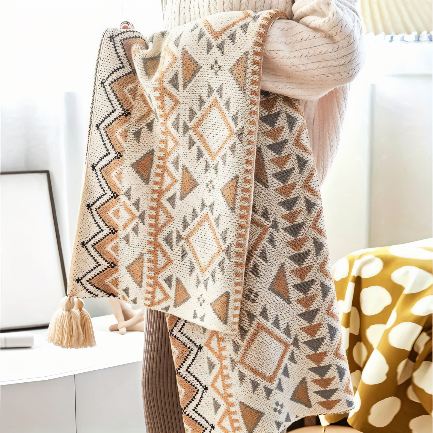 GeoFringe Plaid - Geometrische Boho Fleece Decke - Dekorative Gestrickte Wohndecke