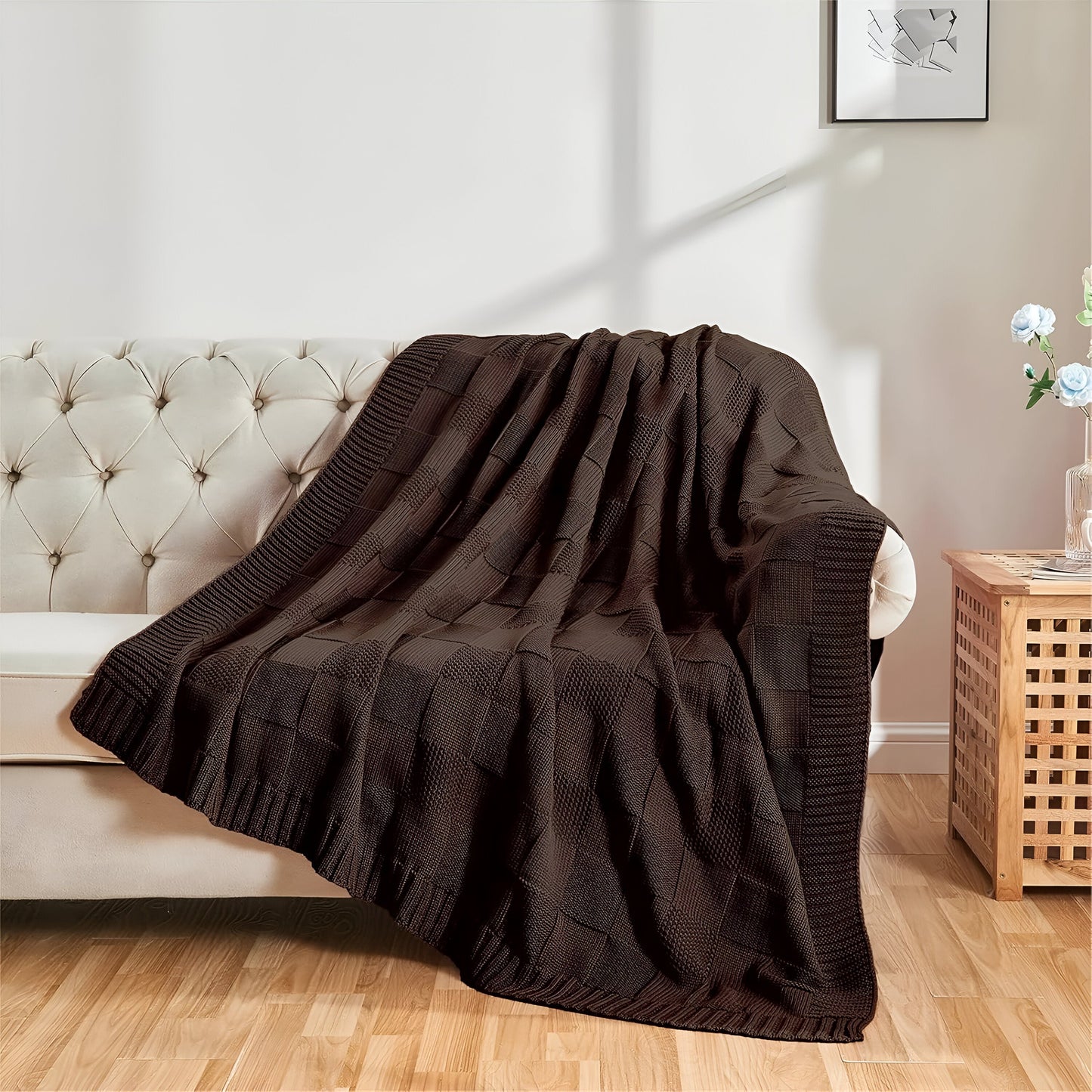 MonoKnit Plaid - Weiß Schwarz Gestrickt Throw für Bett - Solide Acryl Fleece-Decke