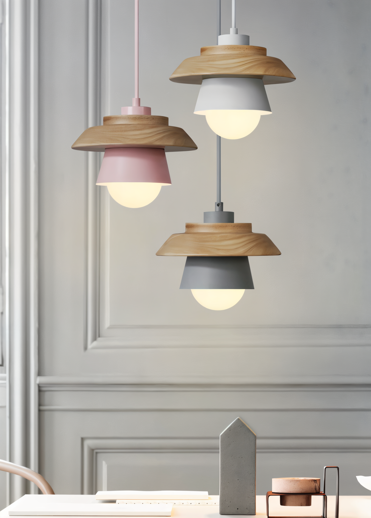 Scandi Pendelleuchte - Nordisches Holz & Metall Macaron LED Hängelampe