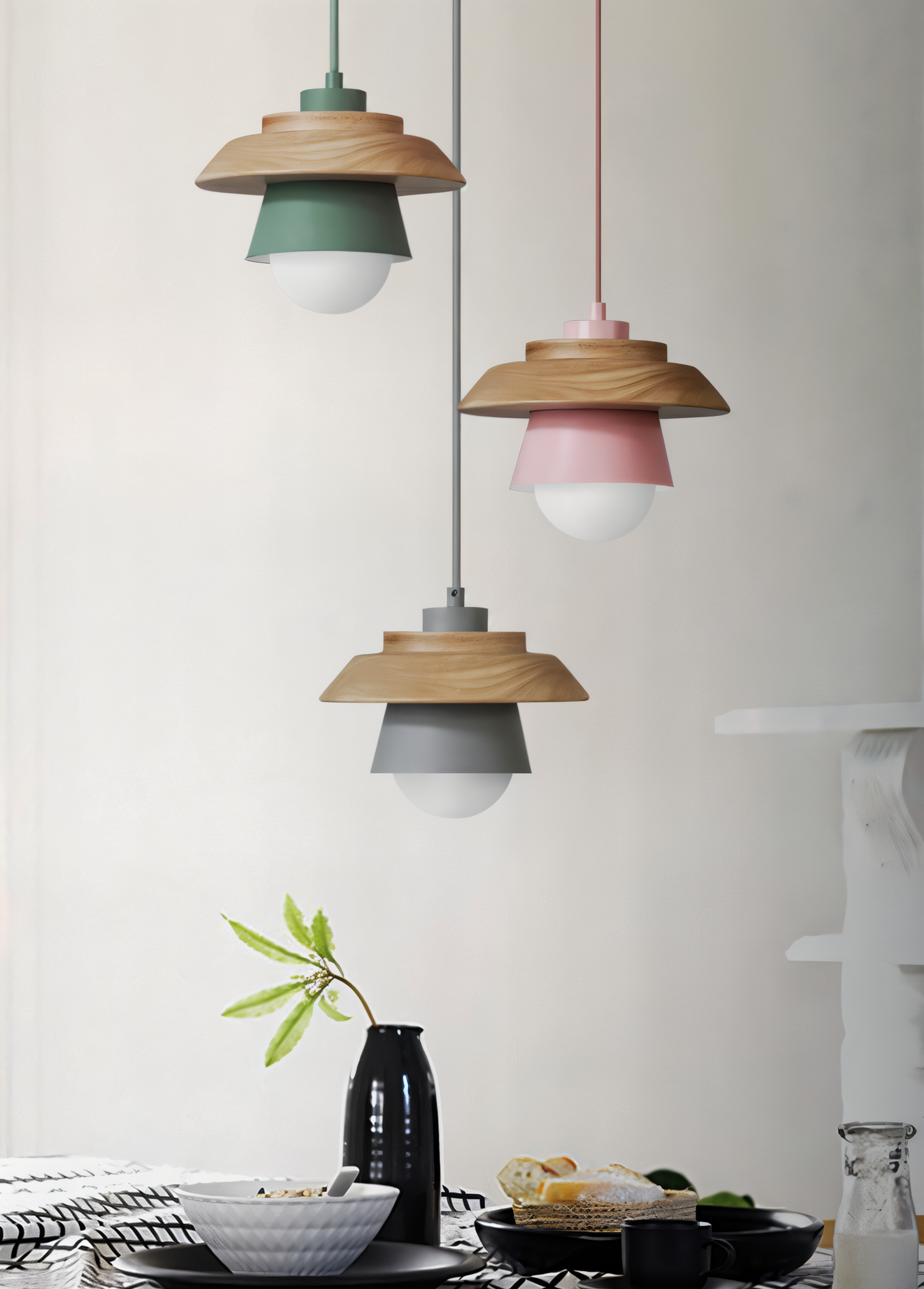 Scandi Pendelleuchte - Nordisches Holz & Metall Macaron LED Hängelampe