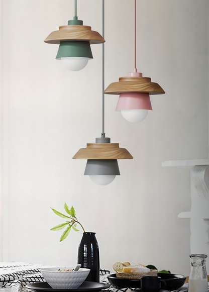 Scandi Pendelleuchte - Nordisches Holz & Metall Macaron LED Hängelampe