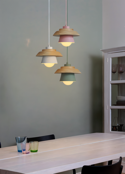 Scandi Pendelleuchte - Nordisches Holz & Metall Macaron LED Hängelampe