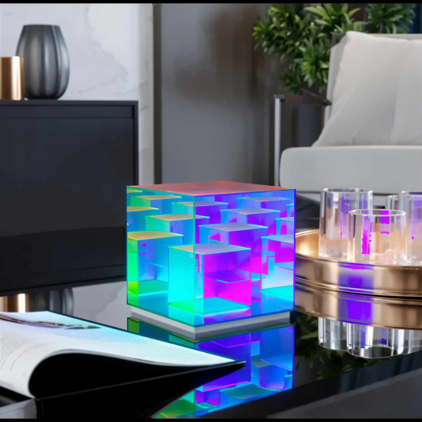 Spectra-Cube Tischlampe - Regenbogen Acryl LED Lampe mit faszinierender 3D Illusion