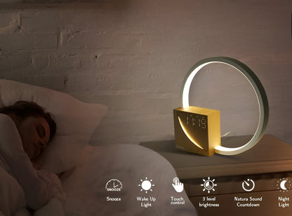 UnivSync - Multifunktionale Nachttischlampe mit USB-Anschluss, Snooze-Funktion und Wecklicht