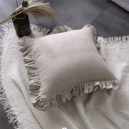Kissenbezüge und Kopfkissenbezüge aus reinem Leinen mit sanften Volants - Linen Elegance