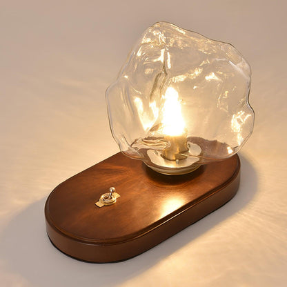 Moderne Stehlampe mit Glasblock und Holzfuß - LED-Beleuchtung