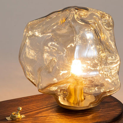 Moderne Stehlampe mit Glasblock und Holzfuß - LED-Beleuchtung