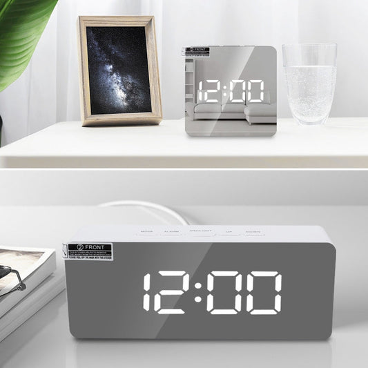 LED Wecker mit Spiegel – Multifunktionale Uhr & Make-up Spiegel – Grau-Weiß