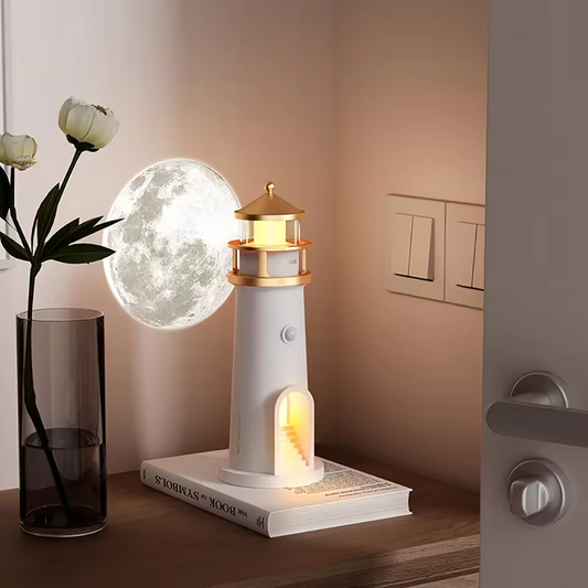 Lighthouse Tischlampe - Mondprojektion Licht & Bluetooth Lautsprecher