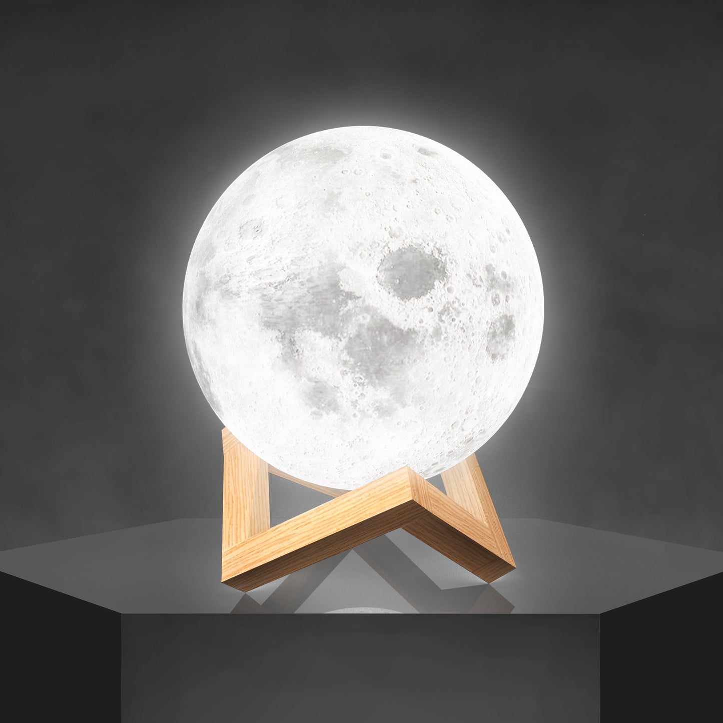 Mondlampe Holzsockel 3D Tischlicht