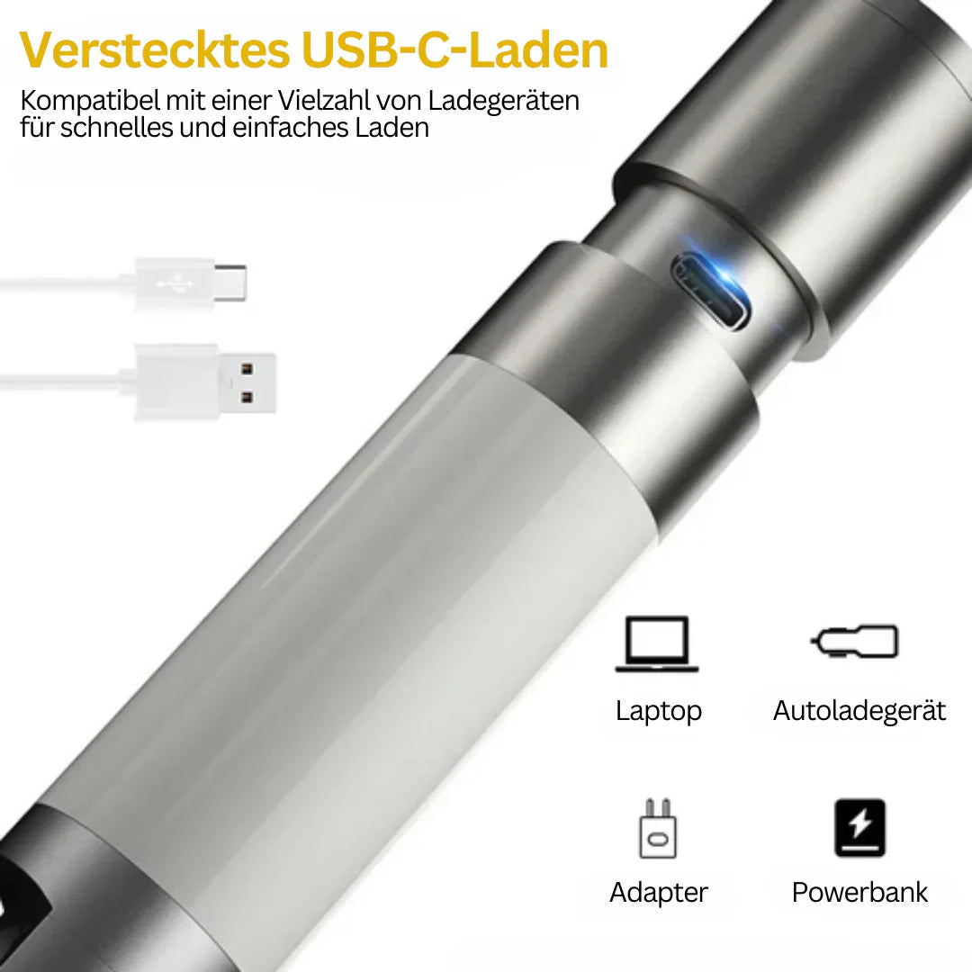 Wiederaufladbare LED-Taschenlampe mit Mehrfarbenfiltern – USB-C-betriebene Taschenlampe für Camping und Notfälle