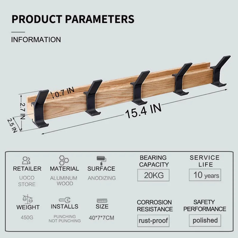 Wandgarderobe – Bewegliche Haken – Schwarz – Nordisches Design – Für Flur und Schlafzimmer – Holz und Aluminium – Maße – 40 x 7 x 7 cm