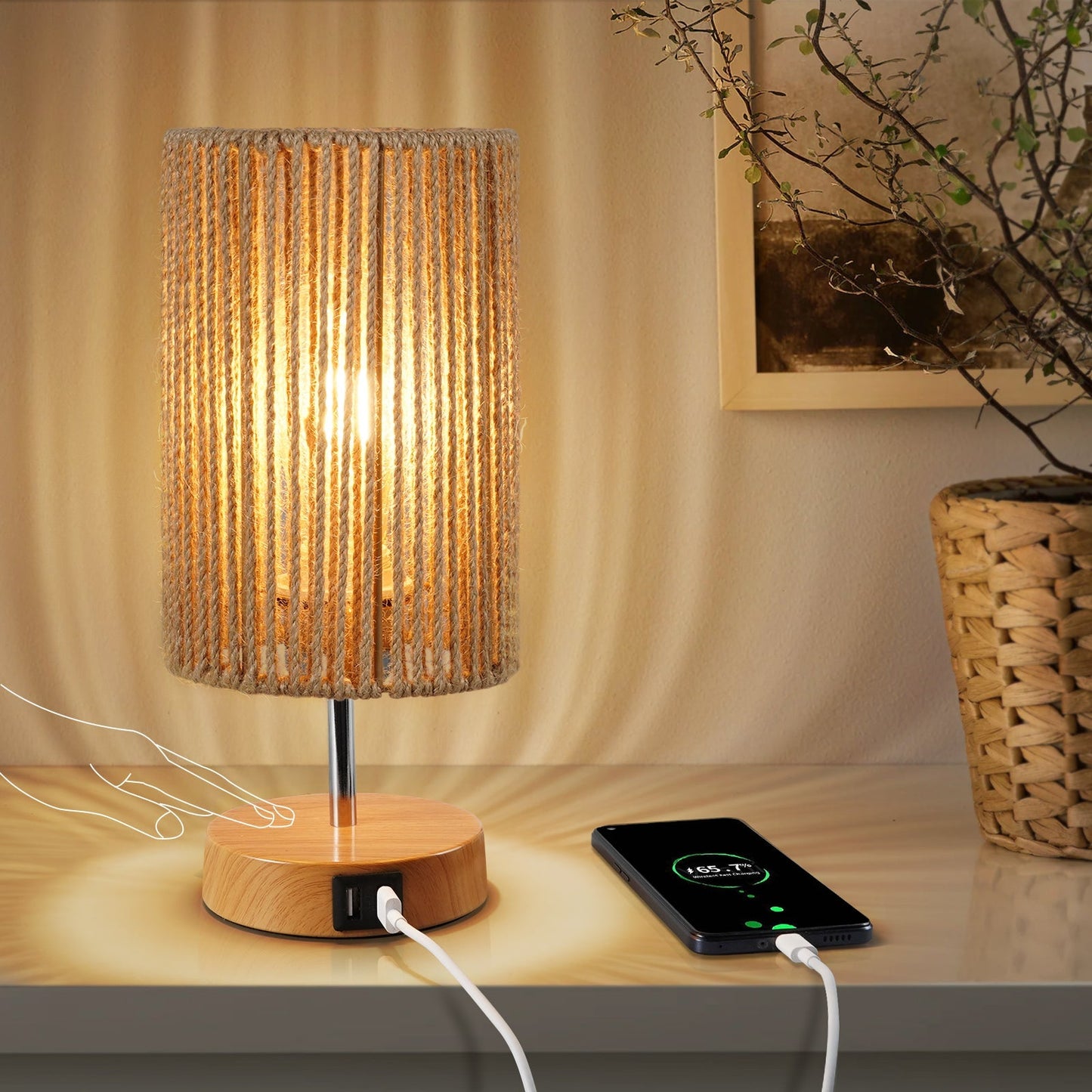 N08 Boho Nachttischlampe für Schlafzimmer Touch Control Nachttischlampen