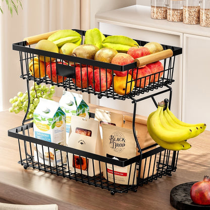 2-Tier Küchenorganisator Aus Strapazierfähigem Metall Mit Holzgriffen – Küchenregalorganisator Für Gemüse Und Obst