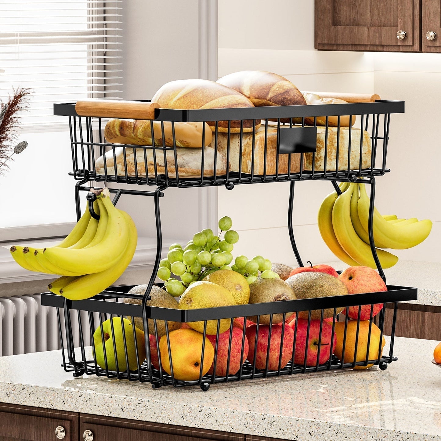 2-Tier Küchenorganisator Aus Strapazierfähigem Metall Mit Holzgriffen – Küchenregalorganisator Für Gemüse Und Obst